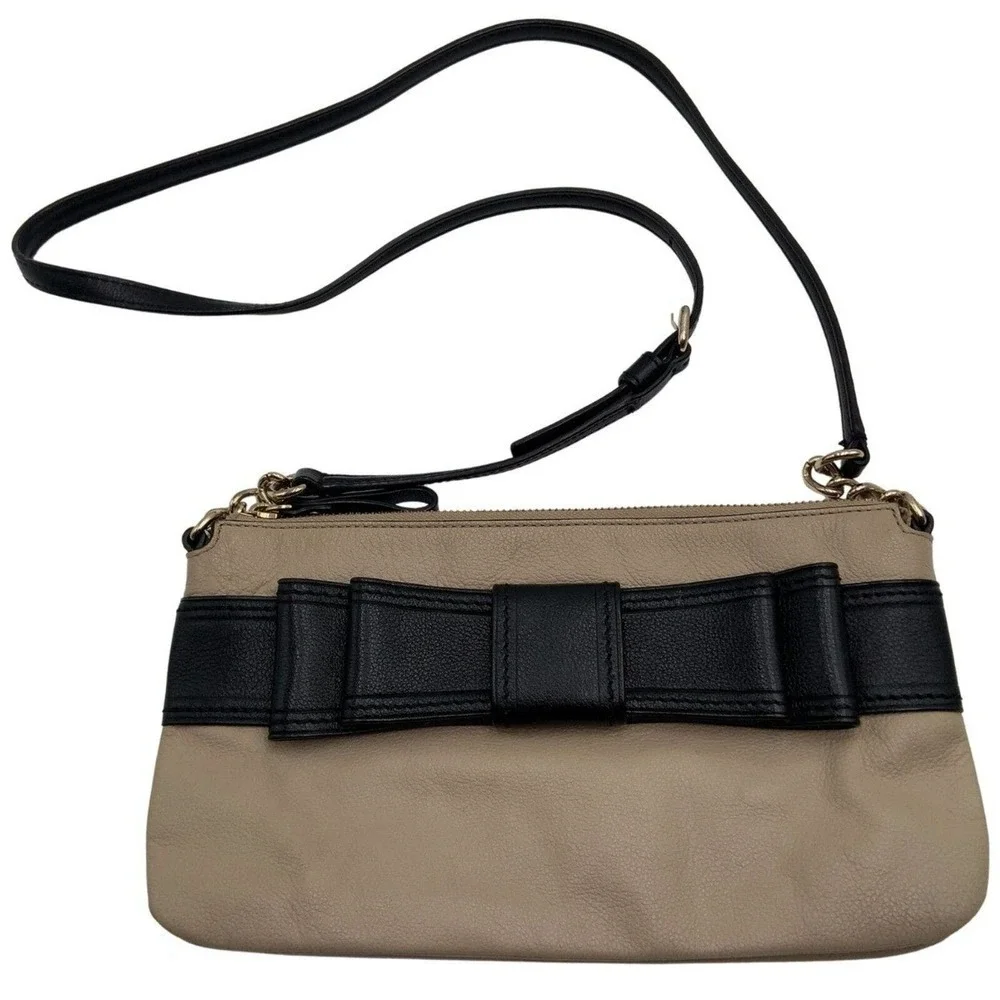KATE SPADE New York Crossbody Bow‎ Bag Cow Leather Beige Black Classic Classic